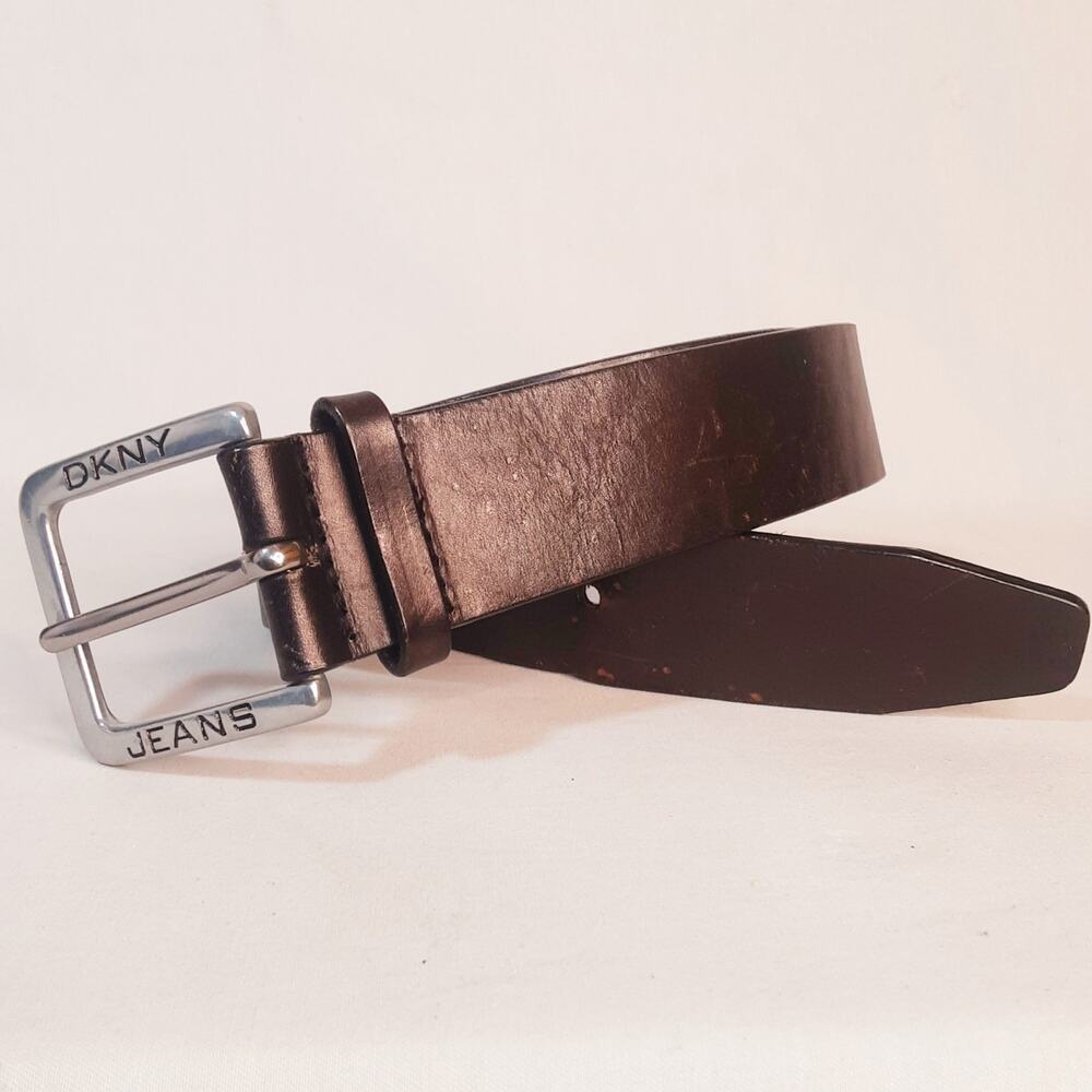 💎DKNY Jeans Distressed Darkest Brown Genuine Leather Wide Belt Medium Waist